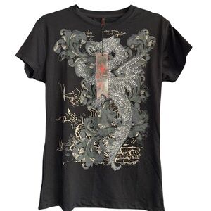 Rebel Love Y2K Black Graphic Women's Rhinestone Embellished Dragon Top